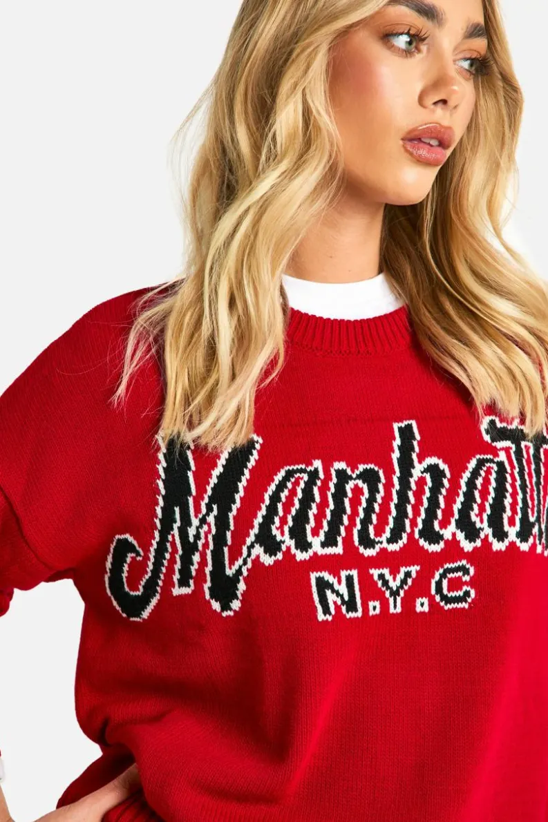 Oversized Jumpers|Jumpers*boohoo Manhattan Oversized Knitted Crew Neck Jumper red