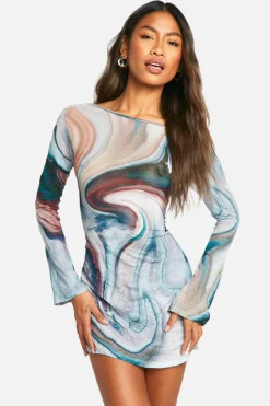 Bodycon Dresses*boohoo Marble Flare Sleeve Open Back Mini Dress multi