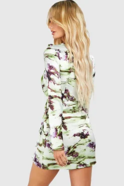 Bodycon Dresses*boohoo Marble Print Tie Front Ruffle Mini Dress green