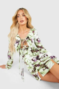 Bodycon Dresses*boohoo Marble Print Tie Front Ruffle Mini Dress green