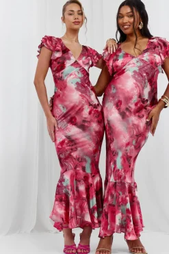 Maxi Dresses|Dresses*boohoo Marble Satin Ruffle Sleeve Maxi Dress pink