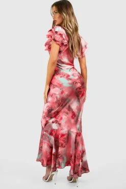 Maxi Dresses|Dresses*boohoo Marble Satin Ruffle Sleeve Maxi Dress pink