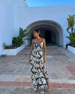 Wrap Dresses*Dancing Leopard Mariah Floral Maxi Dress Stylish Tie Waist Wrap Front Outfit Black
