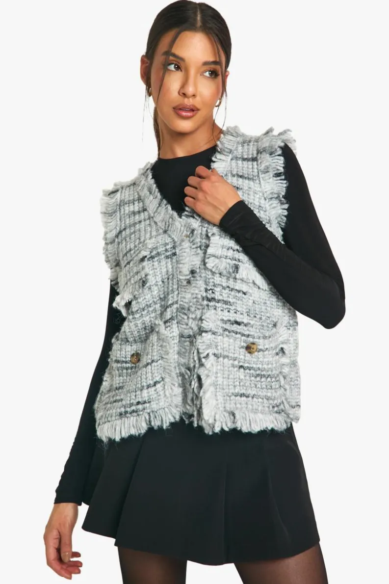 Knitted Tops|Knitwear*boohoo Marl Knit Fringe Detail Waistcoat black