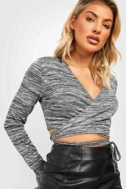 Knitted Tops*boohoo Marl Knitted Tie Waist Crop Top black