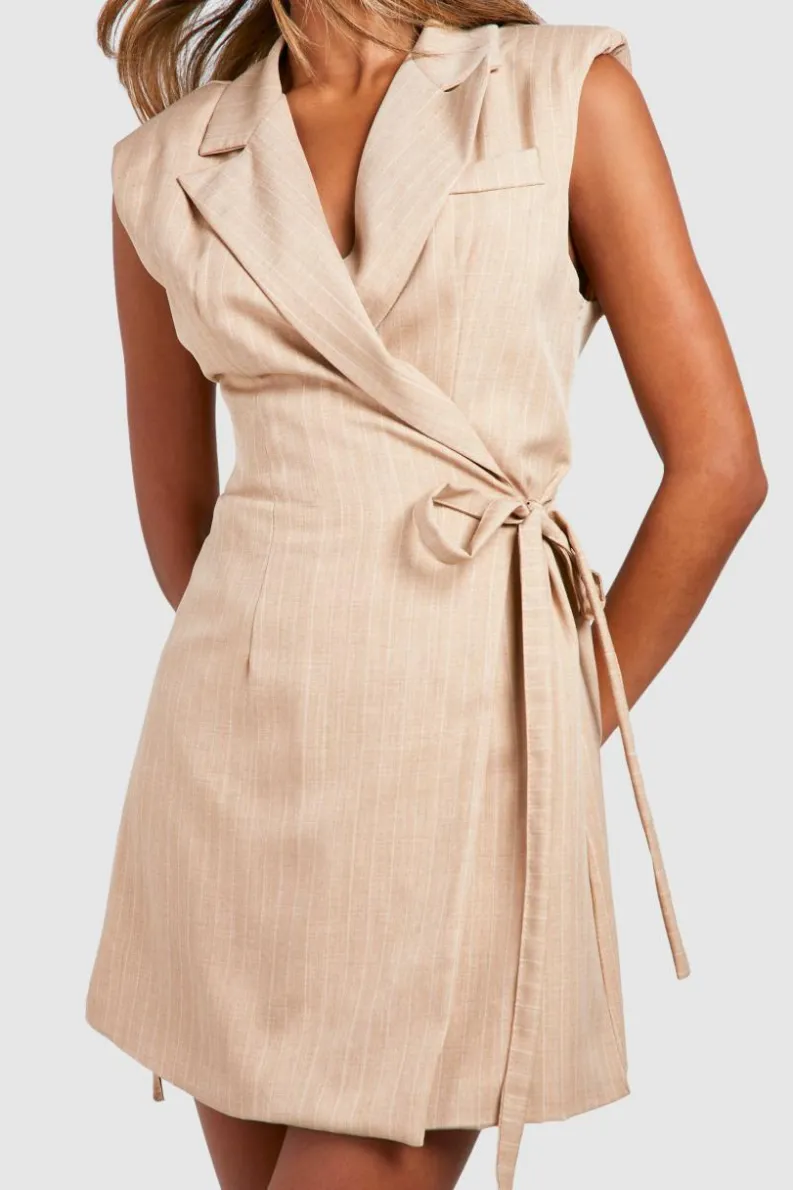 Blazer Dresses*boohoo Marl Pinstripe Shoulder Pad Tie Waist Blazer Dress sand