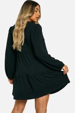 Smock Dresses*boohoo Maternity 2 Tone Rib Tie Front Frill Hem Long Sleeve Mini Smock Dress black