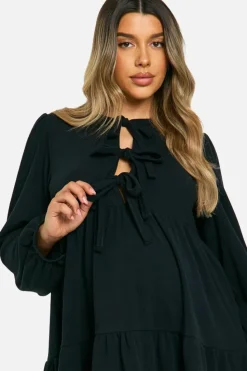 Smock Dresses*boohoo Maternity 2 Tone Rib Tie Front Frill Hem Long Sleeve Mini Smock Dress black