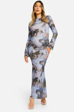 Bodycon Dresses|Maxi Dresses*boohoo Maternity Abstract Print Lettuce Hem Long Sleeve Maxi Dress grey