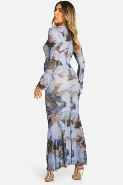Bodycon Dresses|Maxi Dresses*boohoo Maternity Abstract Print Lettuce Hem Long Sleeve Maxi Dress grey