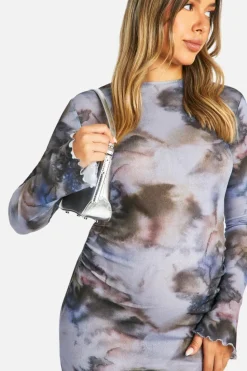Bodycon Dresses|Maxi Dresses*boohoo Maternity Abstract Print Lettuce Hem Long Sleeve Maxi Dress grey
