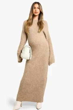 Maxi Dresses|Jumper Dresses*boohoo Maternity Borg Flare Sleeve Knitted Maxi Dress camel