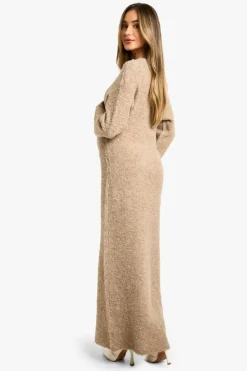 Maxi Dresses|Jumper Dresses*boohoo Maternity Borg Flare Sleeve Knitted Maxi Dress camel