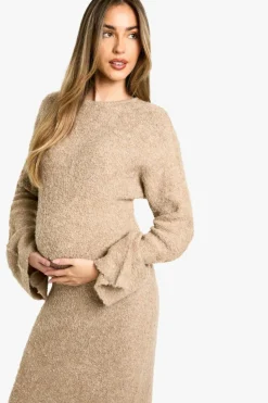 Maxi Dresses|Jumper Dresses*boohoo Maternity Borg Flare Sleeve Knitted Maxi Dress camel