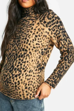 Jumpers|Jumpers & Cardigans*boohoo Maternity Brushed Leopard Knitted Roll Neck Jumper brown