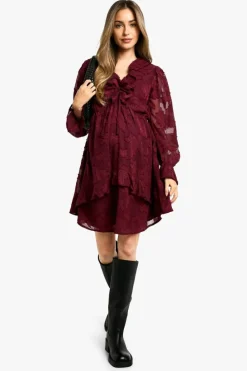 Smock Dresses*boohoo Maternity Burn Out Frill Detail Long Sleeve Mini Smock Dress merlot