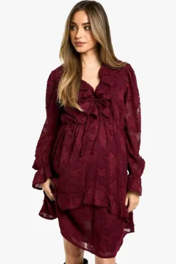 Smock Dresses*boohoo Maternity Burn Out Frill Detail Long Sleeve Mini Smock Dress merlot