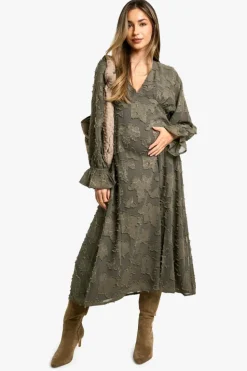 Smock Dresses|Long Sleeve Dresses*boohoo Maternity Burn Out Long Sleeve Floaty Midaxi Dress dark olive
