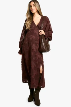 Smock Dresses*boohoo Maternity Burn Out Long Sleeve Floaty Midaxi Dress chocolate