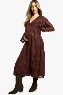 Smock Dresses*boohoo Maternity Burn Out Long Sleeve Floaty Midaxi Dress chocolate