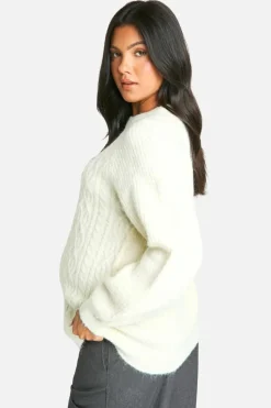 Oversized Jumpers|Jumpers*boohoo Maternity Cable Knit Oversized Crew Neck Jumper cream