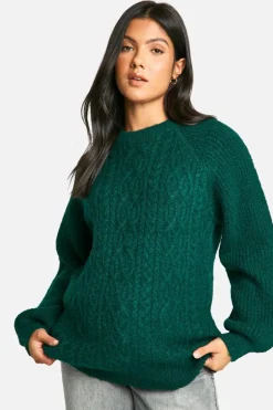 Oversized Jumpers|Jumpers*boohoo Maternity Cable Knit Oversized Crew Neck Jumper bottle green