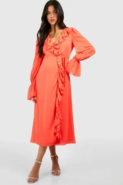 Wrap Dresses*boohoo Maternity Chiffon Ruffle Wrap Midaxi Dress coral
