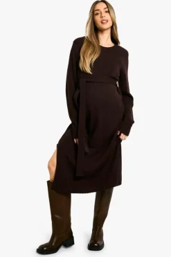 Midi Dresses|Jumper Dresses*boohoo Maternity Crew Neck Jumper Midi Dress chocolate
