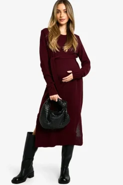 Midi Dresses|Jumper Dresses*boohoo Maternity Crew Neck Jumper Midi Dress burgundy