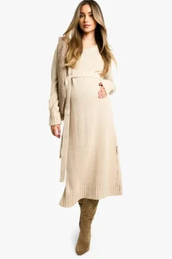 Midi Dresses|Jumper Dresses*boohoo Maternity Crew Neck Jumper Midi Dress stone