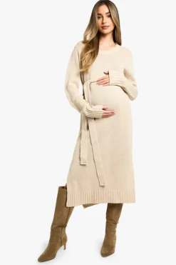 Midi Dresses|Jumper Dresses*boohoo Maternity Crew Neck Jumper Midi Dress stone