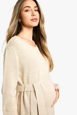 Midi Dresses|Jumper Dresses*boohoo Maternity Crew Neck Jumper Midi Dress stone