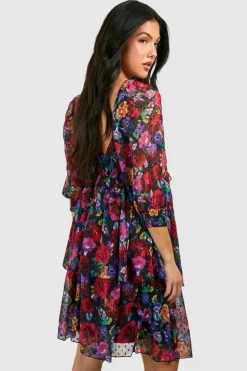 Smock Dresses*boohoo Maternity Floral Dobby Puff Shoulder Mini Dress black