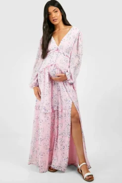 Smock Dresses|Maxi Dresses*boohoo Maternity Floral Print Side Split Maxi Dress light pink