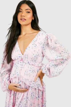 Smock Dresses|Maxi Dresses*boohoo Maternity Floral Print Side Split Maxi Dress light pink