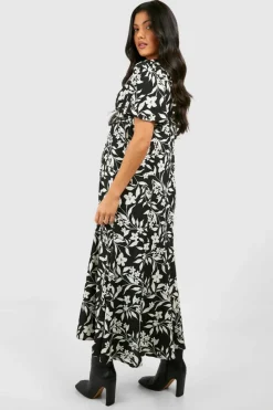 Smock Dresses*boohoo Maternity Floral Print V Neck Midaxi Dress black