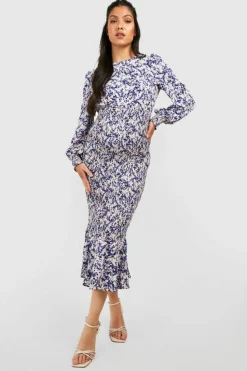 Midi Dresses*boohoo Maternity Floral Shirred Frill Hem Midi Dress ivory