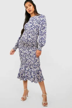 Midi Dresses*boohoo Maternity Floral Shirred Frill Hem Midi Dress ivory