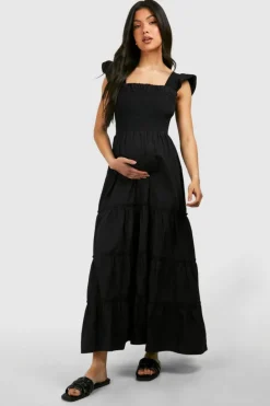 Smock Dresses*boohoo Maternity Frill Sleeve Midaxi Dress black
