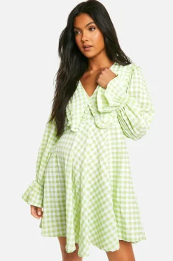 Smock Dresses*boohoo Maternity Gingham Collared Puff Sleeve Smock Dress green