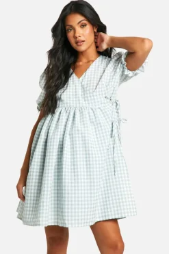 Wrap Dresses*boohoo Maternity Gingham Puff Sleeve Wrap Mini Smock Dress sage