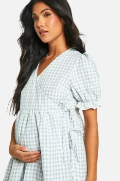 Wrap Dresses*boohoo Maternity Gingham Puff Sleeve Wrap Mini Smock Dress sage