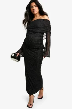 Bodycon Dresses*boohoo Maternity Glitter Mesh Deep Bardot Long Sleeve Midaxi Dress black