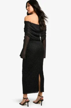 Bodycon Dresses*boohoo Maternity Glitter Mesh Deep Bardot Long Sleeve Midaxi Dress black