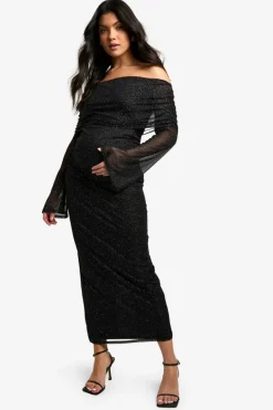 Bodycon Dresses*boohoo Maternity Glitter Mesh Deep Bardot Long Sleeve Midaxi Dress black