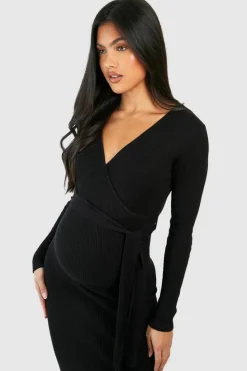 Jumper Dresses|Jumper Dresses*boohoo Maternity Knitted Wrap Midi Dress black