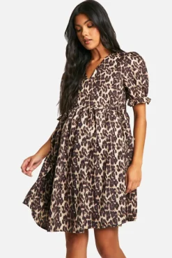 Smock Dresses|Wrap Dresses*boohoo Maternity Leopard Poplin Wrap Over Smock Dress brown