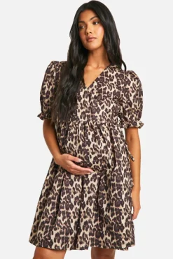 Smock Dresses|Wrap Dresses*boohoo Maternity Leopard Poplin Wrap Over Smock Dress brown