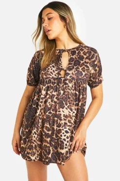 Smock Dresses|Mini Dresses*boohoo Maternity Leopard Tie Front Smock Dress brown