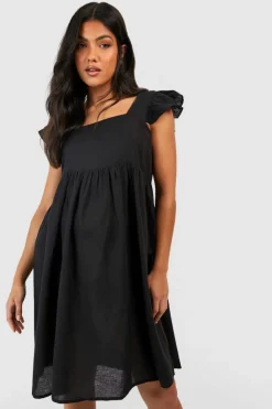 Smock Dresses*boohoo Maternity Linen Look Frill Sleeve Smock Dress black